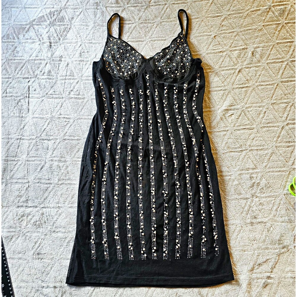 Women's Black Sheer Underwired Teddy Bodysuit Dress, Rhinestone & Pearl, Size M